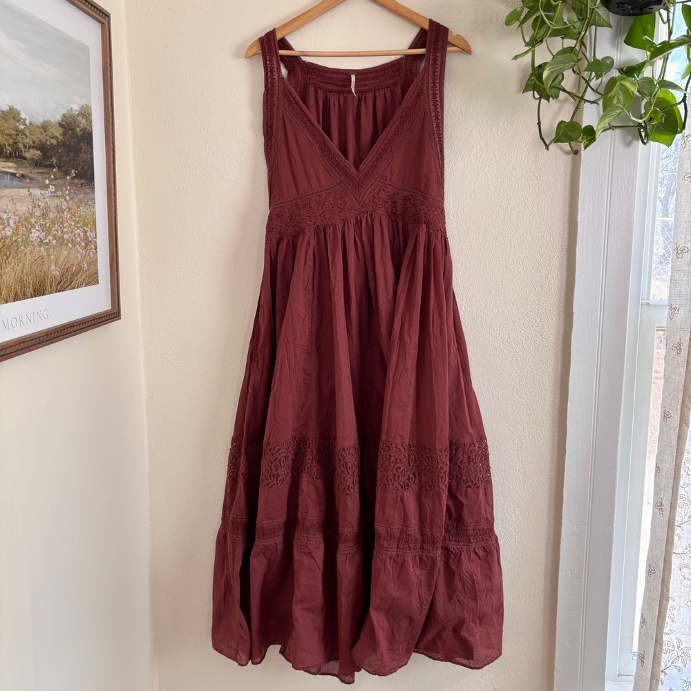 Free people Carla lace brown burgundy maxi dress XS cottagecore cherry mahogany